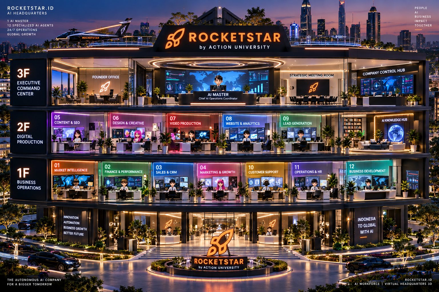 Gedung kantor virtual ROCKETSTAR tiga lantai: lantai 3 Executive Command Center, lantai 2 Digital Production, lantai 1 Business Operations